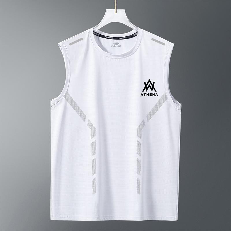 Ice Silk Vest for Men, Trendy Thin Style, Breathable, Quick-Drying, Sports Casual Wide Shoulder Vest, Outerwear, Men's Round Neck Sleeveless T-Shirt for Summer