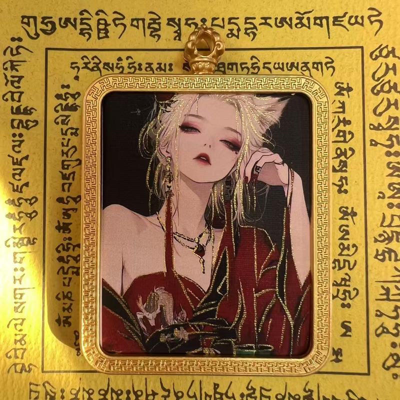 タンカ チベット手描き金塗装粗鉱石絵画コア国民トレンドペンダント九尾キツネ ザキラム ビッグブラックデーツ|undefined