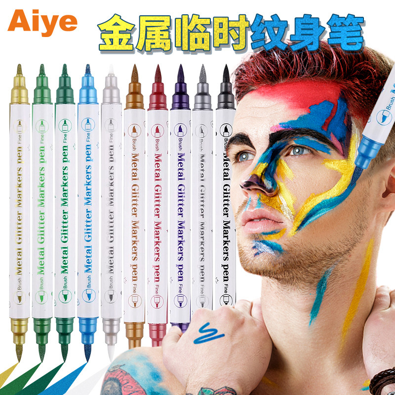 Aiye Body Painting Temporary Tattoo Pen Soft-Head Metallic Skin Marker Pen Hook Line DIY Double-Headed Marker Pen