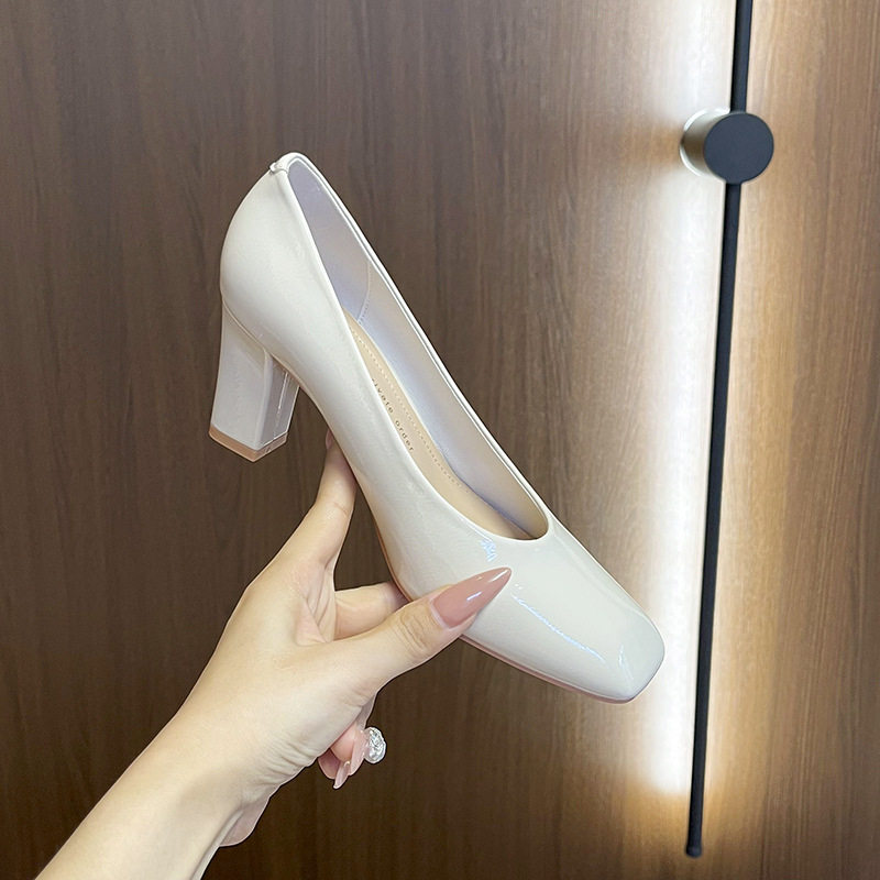 Giày cao gót nữ mũi vuông gót dày da sáng chế thanh lịch công sở, gót 6–8 cm — Màu trắng nhạt, rượu vang đỏ, đen