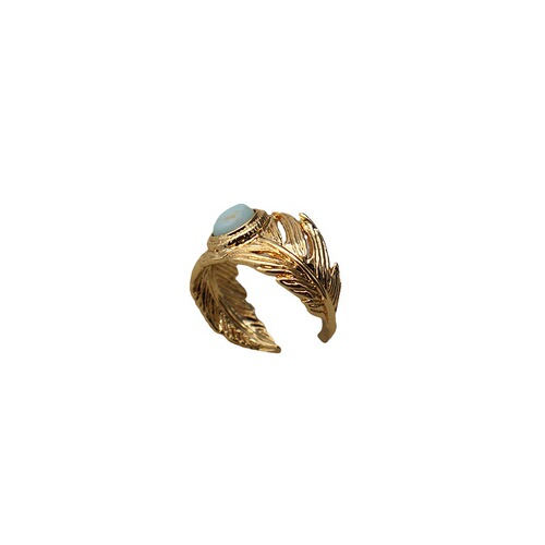 Qingdao Foreign Trade Jewelry Feather Turquoise Adjustable Ring C-shaped Earrings Copper Plated 18K Real Gold Niche European and American Style