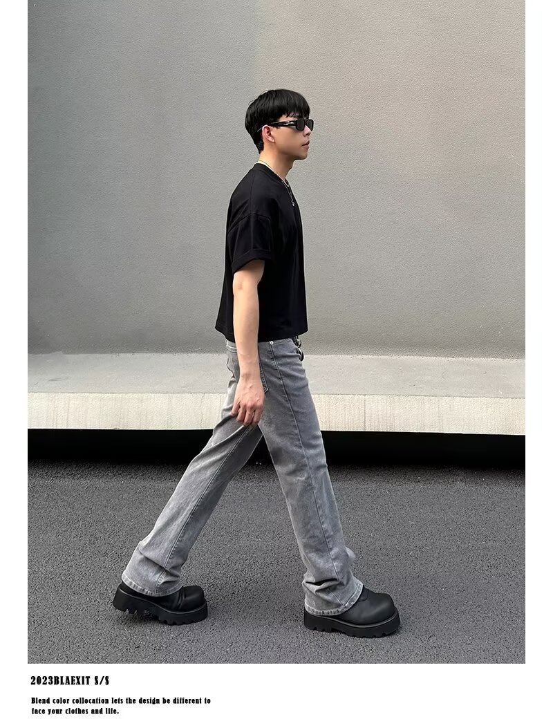 Men's Gray American Streetwear Vintage Wash Flared Jeans, Relaxed Fit Bootcut Denim Pants With Distressed Details For Urban Fashion_mkmklike.com