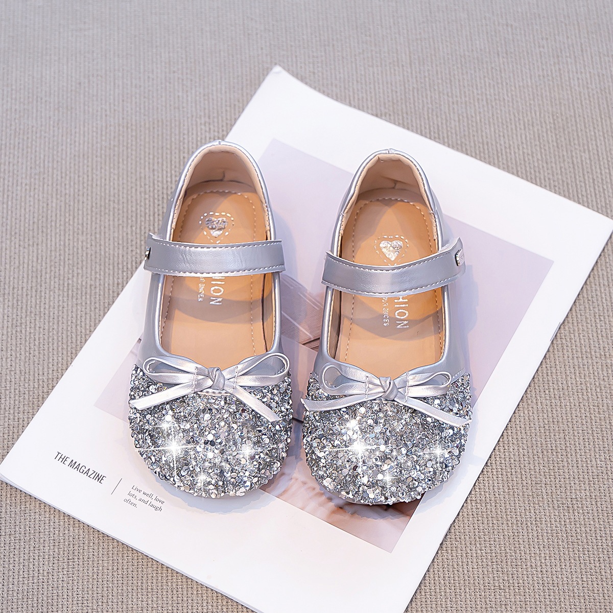 Girls' Princess Shoes Silver Glitter Rhinestone Ballerina Flats With Bow Soft Sole Non-Slip Toddler Dress Shoes_voghion.com