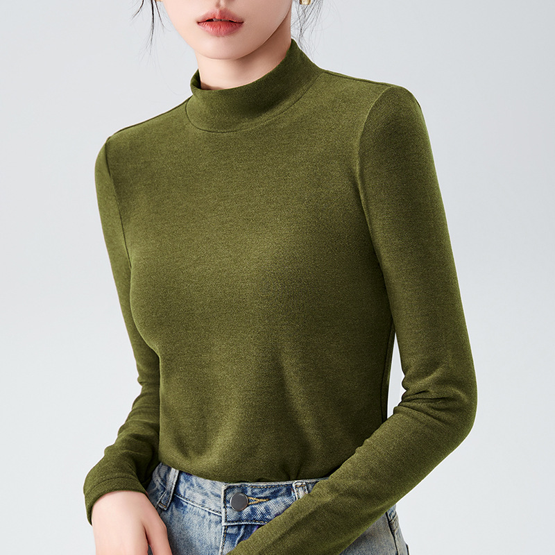 양면 벨벳 보텀 셔츠 여성용 2023 새로운 여성용 우아한 세미 하이 칼라 따뜻한 내부 허리 단색 탑