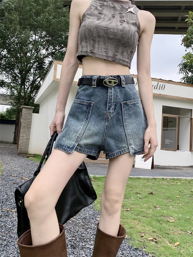 Quần short denim nữ lưng cao túi hộp phong cách vintage ống rộng — Lời bài hát: Blue (No Belt - Pants) chi tiết 7