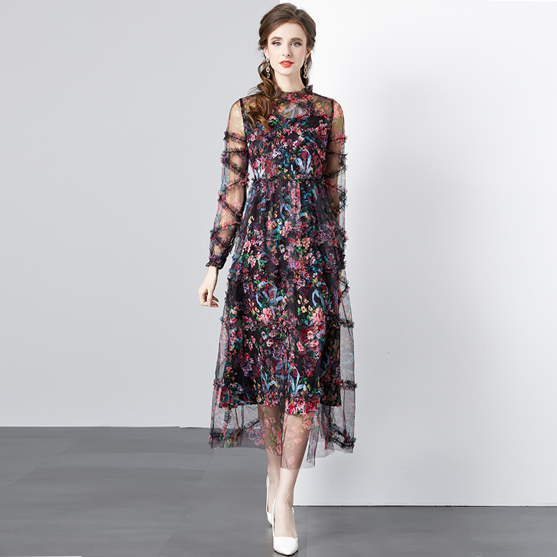 2025 New Fairy Dress Sweet Fairy French Long Dress Mesh Floral Skirt Summer Princess Dress