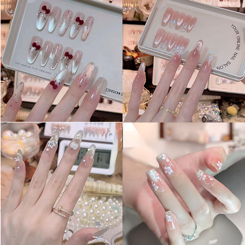 2026 New Mid-Length Style Nail Art Wearable Nails in Wine Red with Bow and Cat Eye Design, Detachable Nail Tips