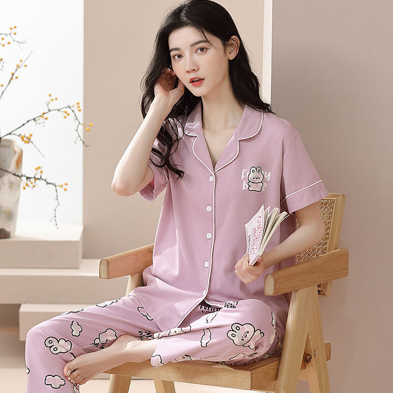 Pijamas de mujer primavera y verano 2023 nuevo 100% algodón cardigan pantalones de manga corta casual traje de desgaste para el hogar