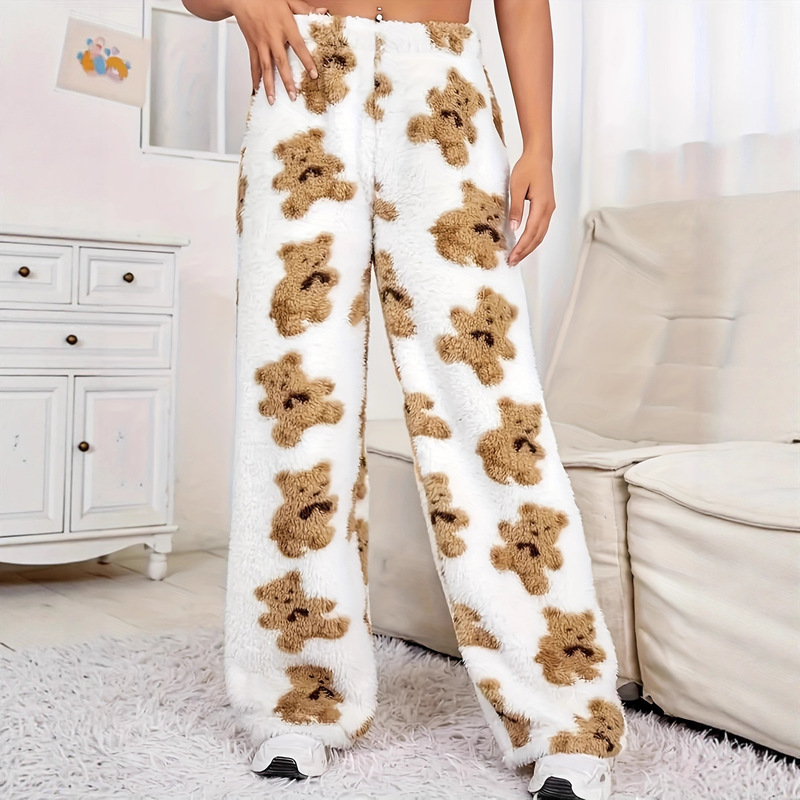 Bear Pattern Teddy, Winter Autumn Casual High Waist Pants, Women's Clothing Cross-Border European and American Autumn Winter Warm Pajamas Set