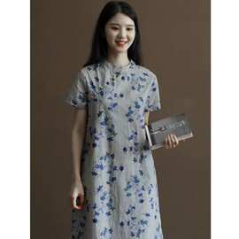 2026夏季文艺中式中国风宽松大码女装改良旗袍中长款印花连衣裙