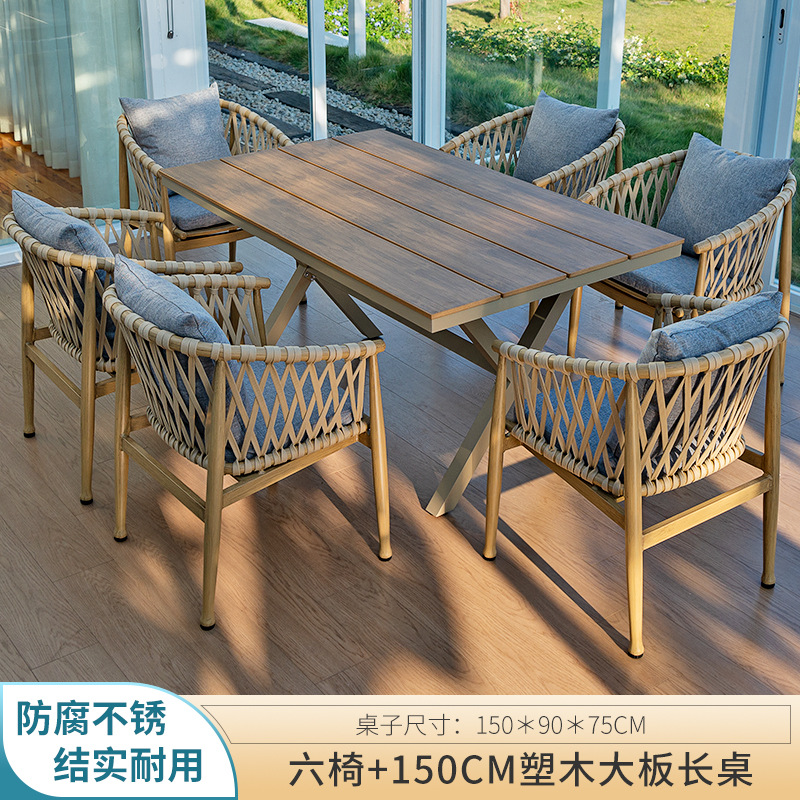 Seis sillas 150cm mesa larga de madera de plástico_2