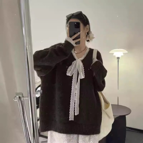 YUNSHU韩版设计感蕾丝飘带软糯套头毛衣女秋冬宽松慵懒风针织衫