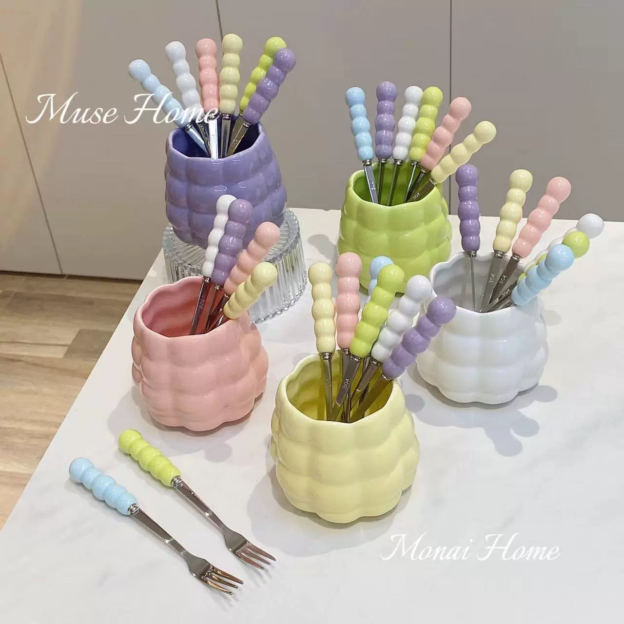 Dopamine Pearl 304 Нержавеющая сталь Красочные вилки для фруктов Набор бытовых керамических банок для хранения Десертная вилка Вилка для фруктов 7