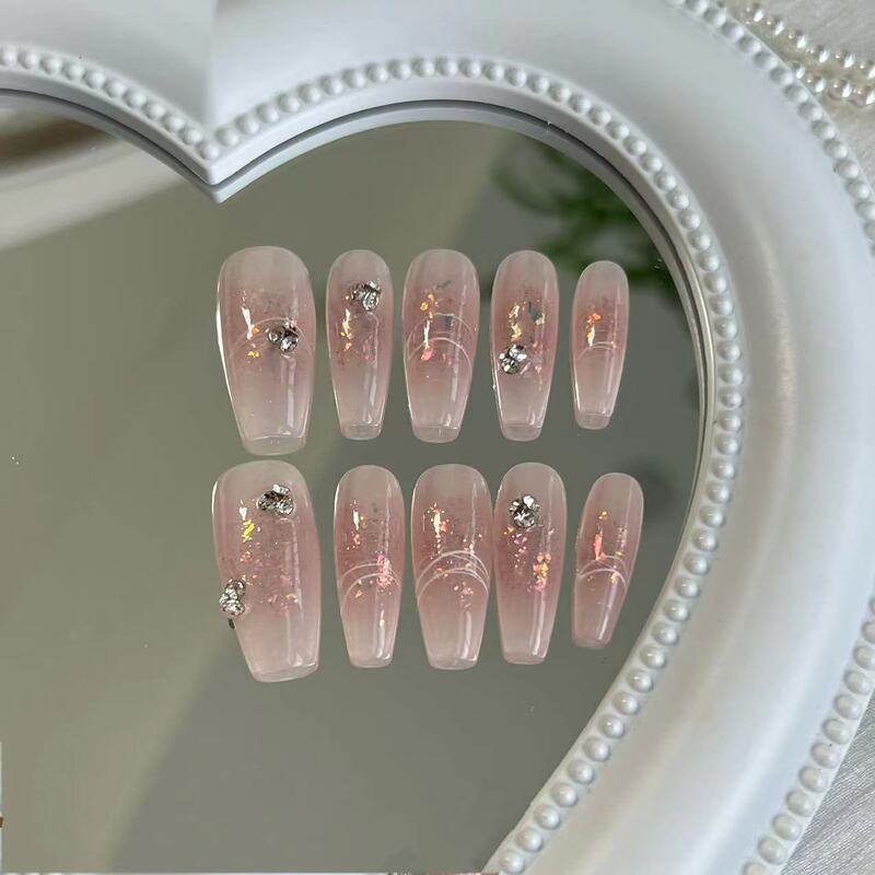 Pure hand-worn nail phototherapy nail-worn long blush camellia luxury finished product reusable fake nail sheet Pure hand-worn nail phototherapy nail-worn long blush camellia luxury finished product reusable fake nail sheet