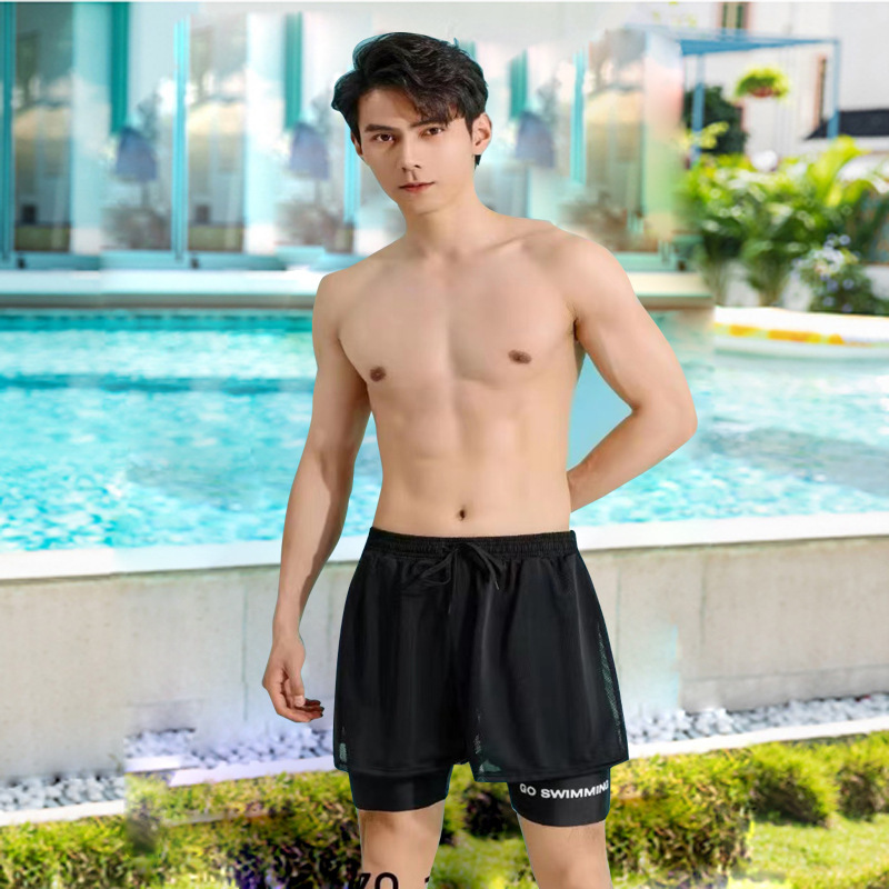 2024 new swimming trunks men's anti-embarrassment double-layer loose beach pants men's five swimming trunks hot spring swimming trunks
