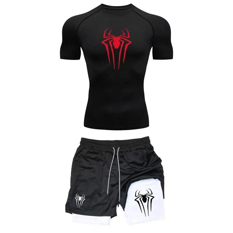 男子のトレーニング圧縮集Y2Kスパイダープリントジムtシャツ通気ランニングパンツ速乾運動皮|undefined