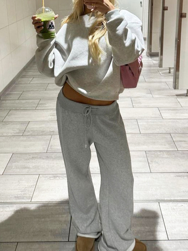 美式街头风酷妹简约基础直筒毛边卫裤翻腰头抽绳系带宽松休闲长裤|undefined