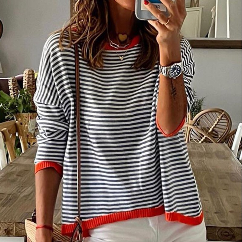 2026 New Style Knitted Sweater with European and American Export Stripes and Color-Blocking Design, Drop Shoulder Long-Sleeve Top