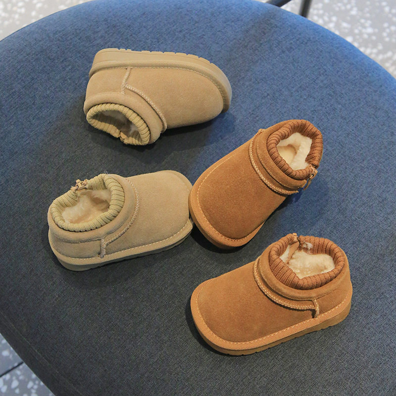 Baby Genuine Leather Fleece-Lined Snow Boots Winter Thickeneded Warm Cotton Shoes Kidsren's Outdoor Non-Slip Snow Cotton Boots Toddler Shoes