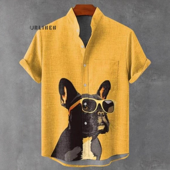 Cross-Border Fashion Design Men's Stand Collar Short-Sleeve Shirt with Orangutan and Elephant 3D Digital Print, Youthful and Trendy
