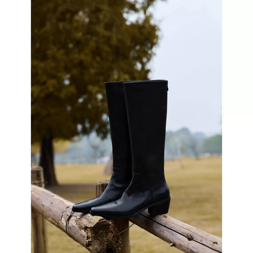 现货秒发！小个子内增高复古方头不过膝长靴女粗跟大筒围骑士靴女