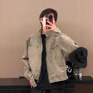 港风复古棕色PU皮大码短款皮衣夹克男秋冬美式宽松机车服外套潮