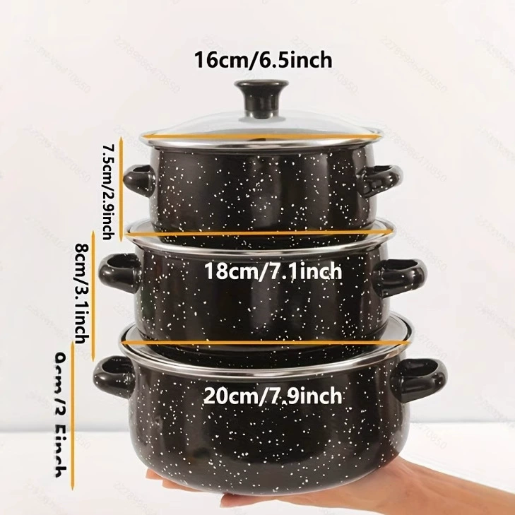 Набор из трех эмалированных суповых кастрюль с двумя ручками, черная эмаль с текстурой в виде ямок, винтажная эмалированная кастрюля европейского и американского экспорта, одна деталь поставляется.