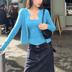 显白王炸 纯欲设计感纽扣纯色两件套吊带针织开衫女秋季辣妹穿搭