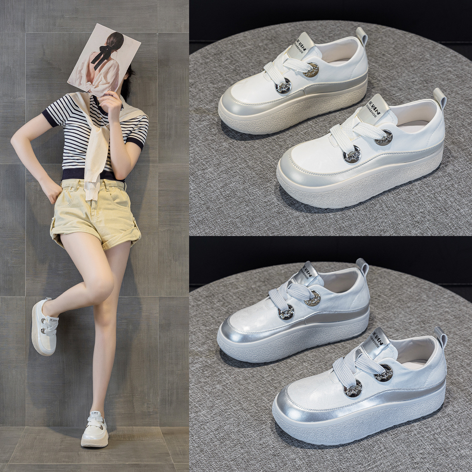 IG/IG牛皮厚底鞋女2026春夏新款超火小白鞋增高女运动真皮休闲鞋