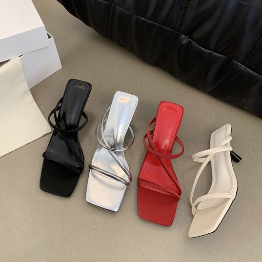 Square Toe Open Toe Simple One-Line Slanted Strap Elegant High-Heeled Sandals for Women to Wear in Summer Fashionable Fairy Stiletto Half Slippers