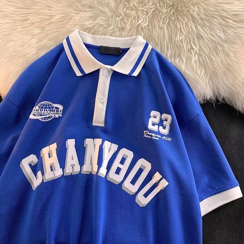 Summer Klein Blue American Retro Polo Shirt Short Sleeve T-Shirt for Men, National Trend Ins Loose Men's Half Sleeve T-Shirt