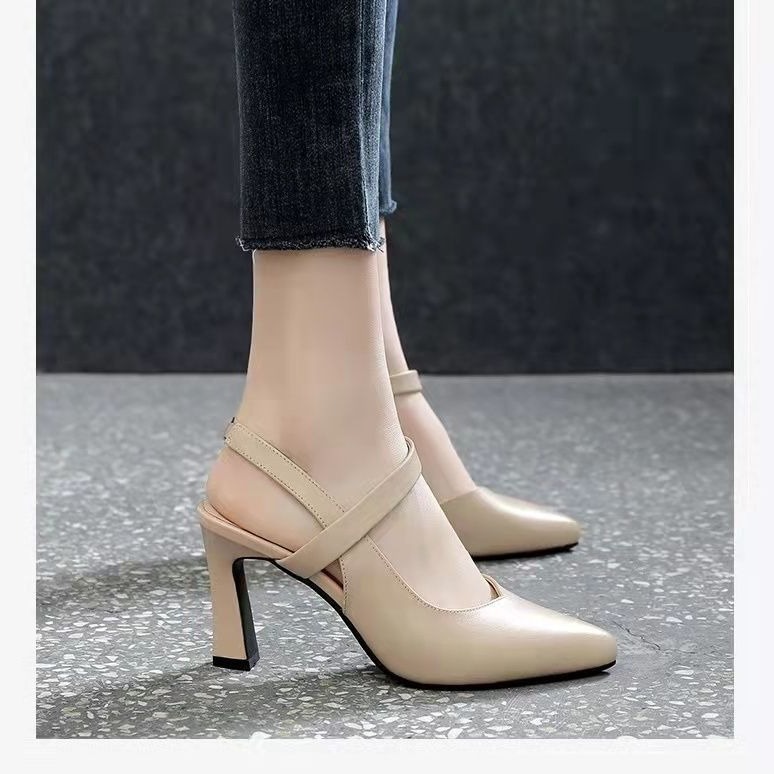 2024 verano nuevos zapatos de tacones altos de mujer punta de color sólido tacones gruesos versátiles temperamento de una palabra con tacones altos de mujer