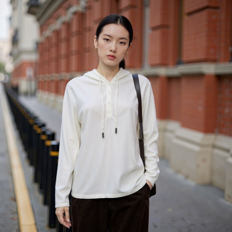 Ai Drawstring Hooded Knit 100% Pure Wool Sweater for Women, Spring 2026, Long-Sleeve Pullover Base Layer, Thin Style