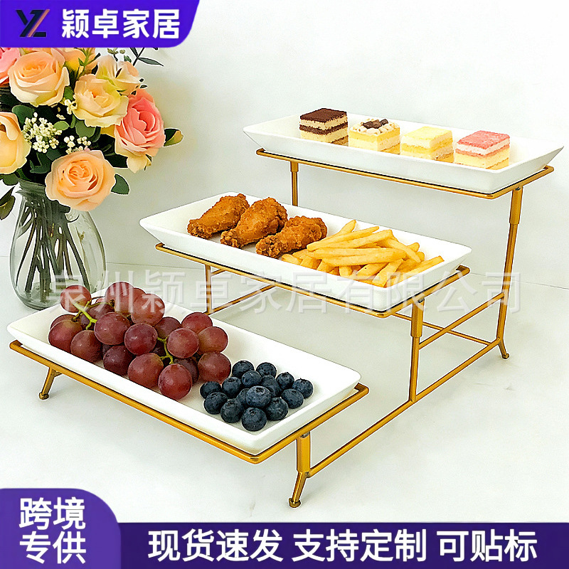 Cross-border metal cake ceramic dessert stand, three-tier fruit tray, hotel dessert table buffet display stand
