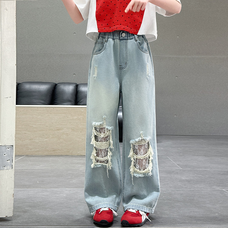 A25036 Style Ripped Lace Jeans Wide Leg New Children's Miscellaneous European And American Jeans_viptrois.com