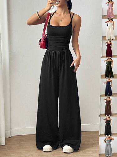 Women's Summer New Cross-border Pure Color Strappy Casual Wrap Bodycon Pants Loose Wide-leg Summer Fashion