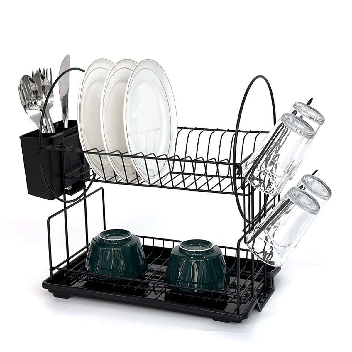 Transfronterizo negro de doble capa de platos con bandeja de agua abierta, estante de platos desmontable con palillos, jaula de tazas colgantes