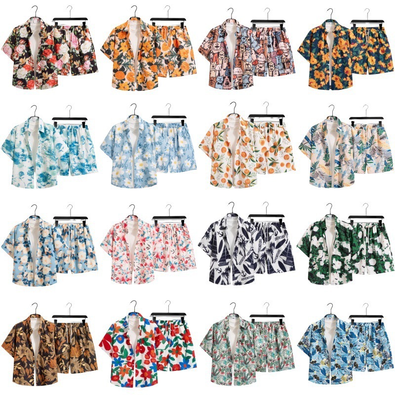 海南島服、東南アジア風スーツ、花柄シャツ、半袖、男女同型、五分袖、ゆったり、ハンサム、ビーチスタイル|undefined