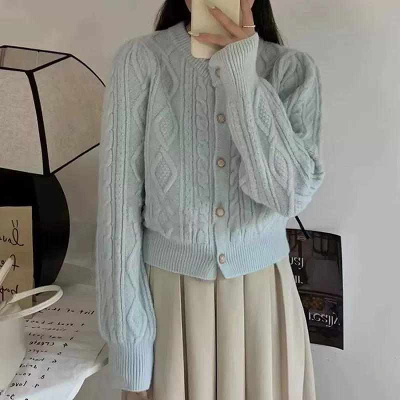圆领针织开衫2023秋冬新款韩版麻花设计宽松纯色短款小众毛衣 女
