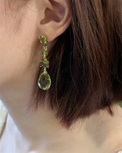 轻奢橄榄绿锆石流苏耳环气质设计感复古长款水滴耳钉