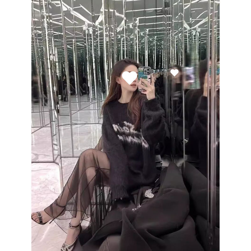 冬の新しい署名文字ルーズソフトワックスモヘア黒セーターレイジースタイルセータートップ男性と女性のための送料無料|undefined