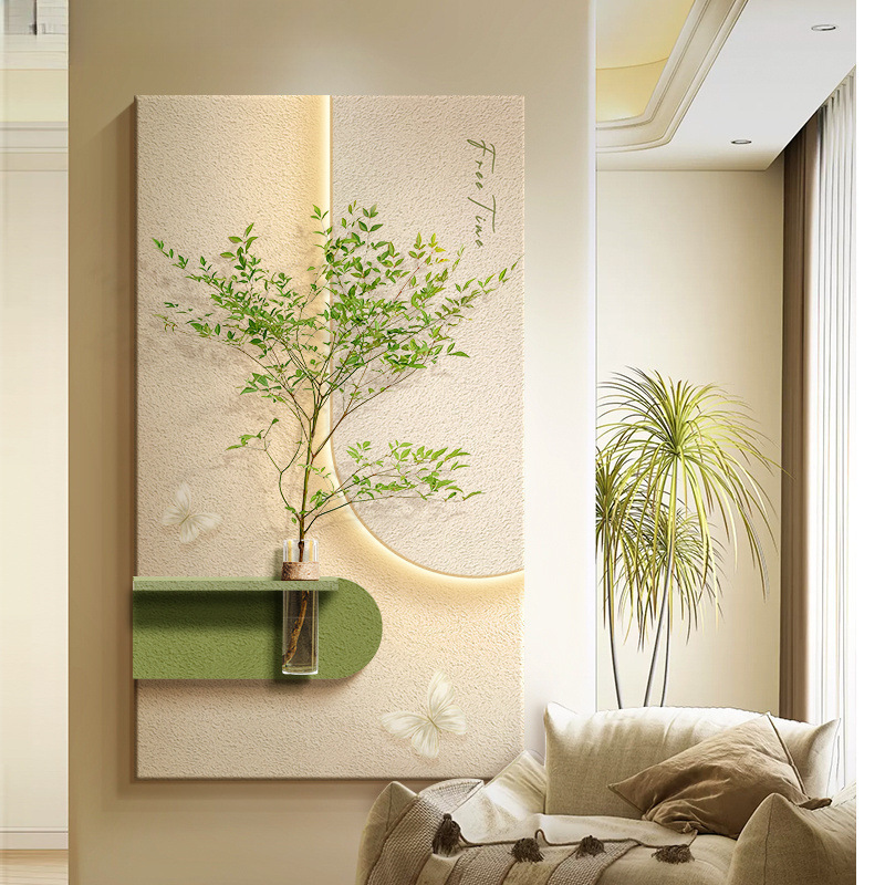 クリームスタイルの玄関装飾画、水耕栽培の緑の植物、壁照明、ライト絵画、リビングルームの吊り下げ絵画、玄関ドア壁画|undefined