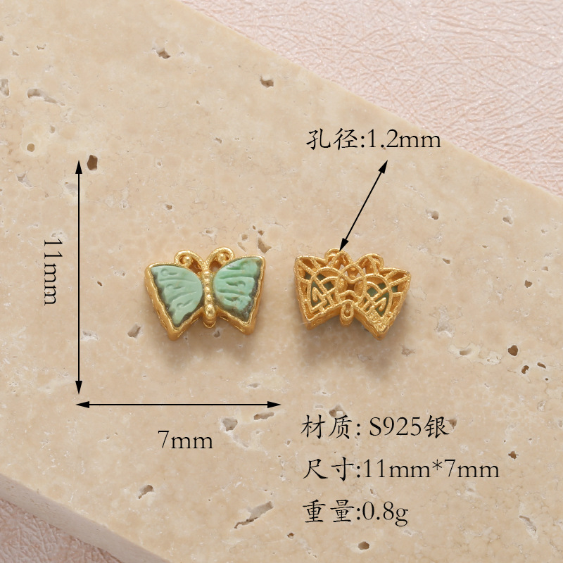 Raw Turquoise S925 Silver Gold-Plated Heart-Shaped Four-Leaf Clover Round Butterfly Pendant Spacer Bead DIY T6