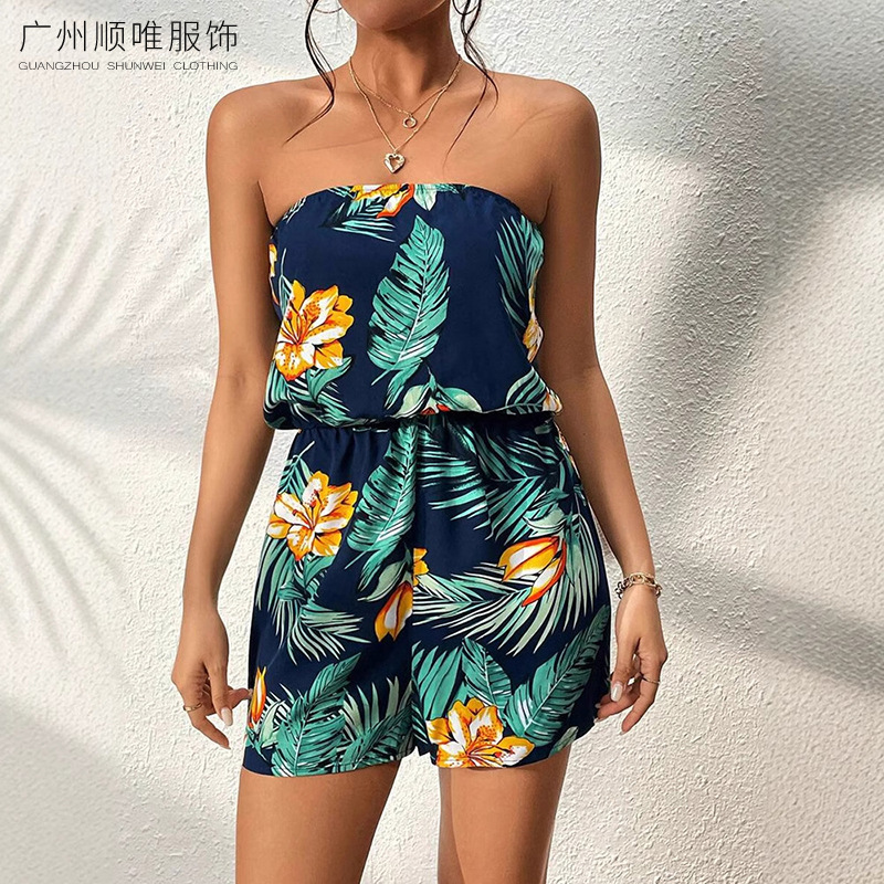 2025 European and American Jumpsuits for Women Cross-Border Amazon Popular Women's Sleeveless Printed Backless Jumpsuit Slimming High Waist