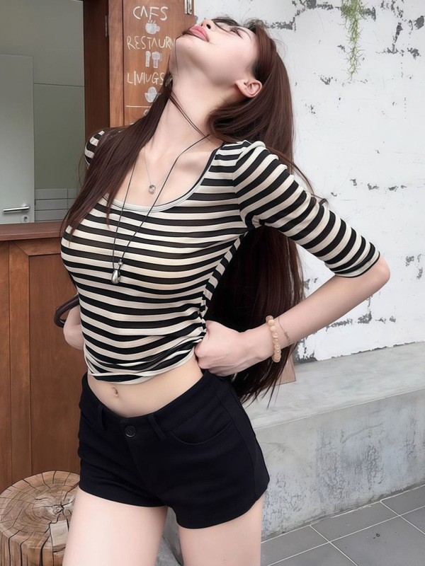 美式复古天丝条纹中袖T恤女装早秋U领修身显瘦五分袖薄款百搭上衣|undefined