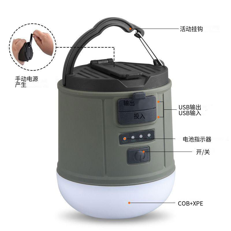 Nueva pantalla eléctrica transfronteriza, lámpara de campamento impermeable, fuente de luz múltiple, gancho de generación de energía manual verde militar, lámpara de campamento portátil