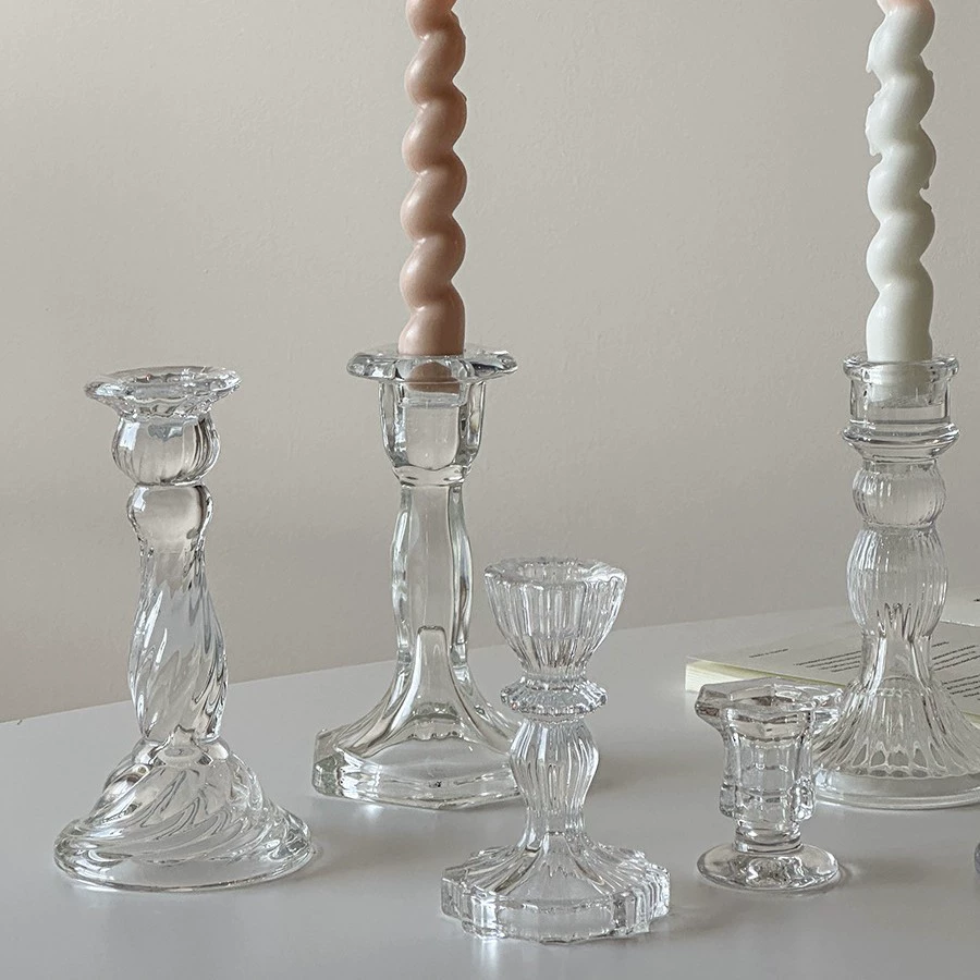 Стеклянная candlestick французский рельеф средний, прозрачное стекло декор столика 18 см
