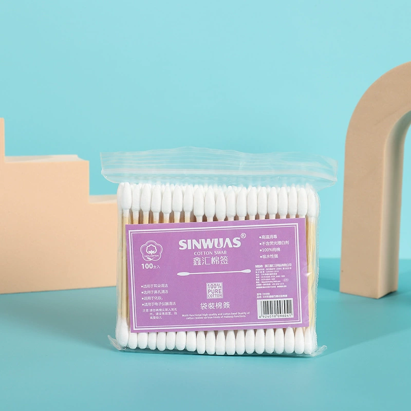 Double-sided Cotton Swabs, Bamboo Stick, 100 pcs, Reusable Soft Cotton Tips, 9.5 cm