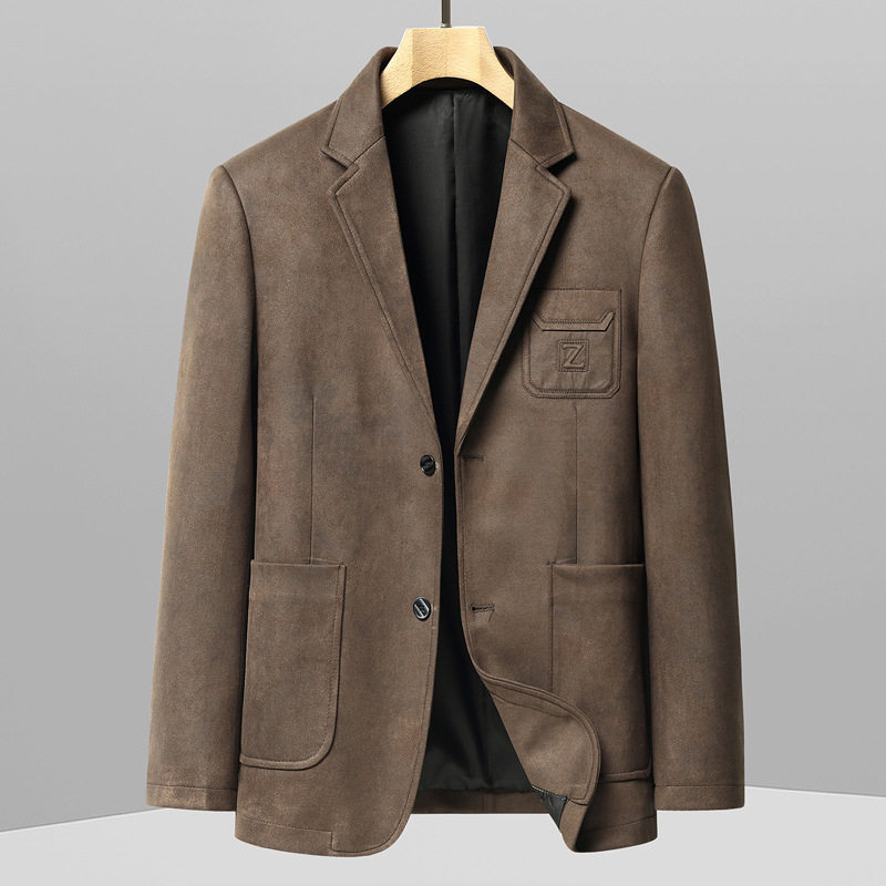 Áo khoác vest nam da lộn phong cách retro hai cúc dáng ôm, tay dài cổ vest — Màu kaki, Màu nâu cà phê, màu đen