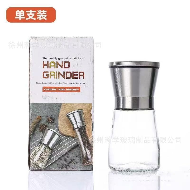 Venta al por mayor manual japonés hogar de acero inoxidable molinillo de pimienta vidrio suministros de cocina artefacto tanque de condimento portátil